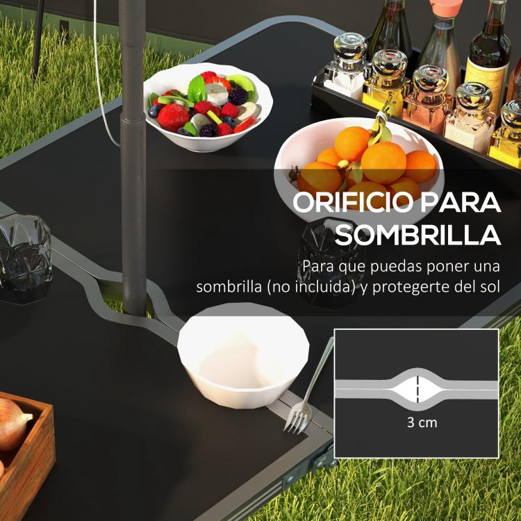 Folding Camping Table in Suitcase Style with 4 Folding Stools, Table 120x60x55-70 cm and Stools 33x28x37 cm, Black