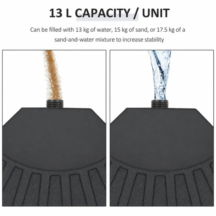 4-Piece Umbrella Base Weight, Water Fillable 52 Liters, Sand 60 kg or Mixed 70 kg for Cross Base, Black