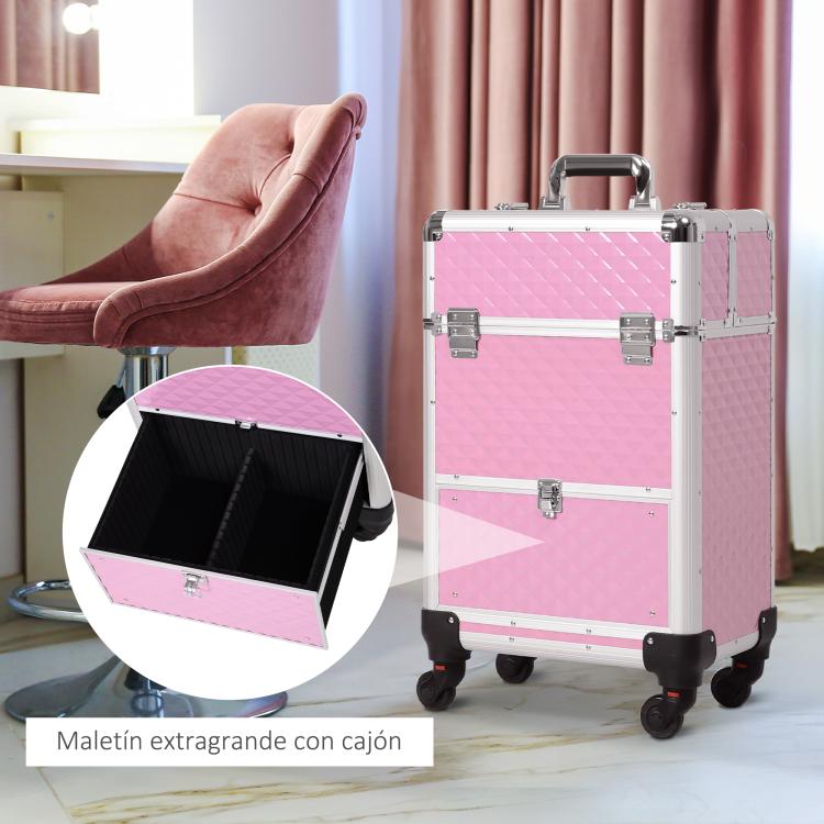 Professional Makeup Case with Drawer – Rolling Makeup Trolley for Travel and Work (34x25x62 cm) – Pink — view 8