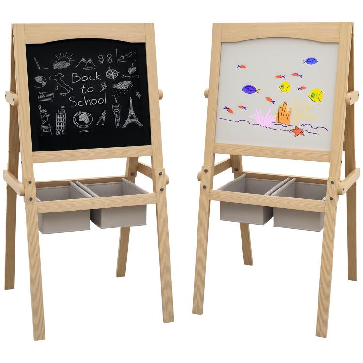 3-in-1 Kids Easel, Double-Sided Chalkboard Whiteboard Easel for Drawing, Natural Color, 58×50.5×109 cm