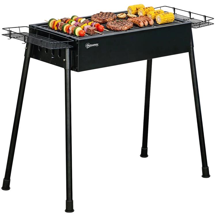 Charcoal BBQ with 2 Stainless Steel Grills, Portable BBQ with 2 Spice Racks for Camping, 94x39x70 cm, Black