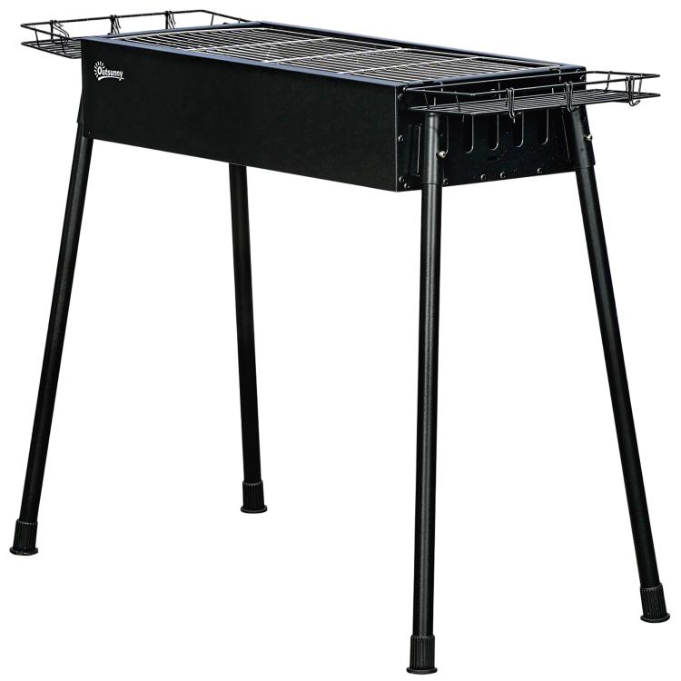 Charcoal BBQ with 2 Stainless Steel Grills, Portable BBQ with 2 Spice Racks for Camping, 94x39x70 cm, Black