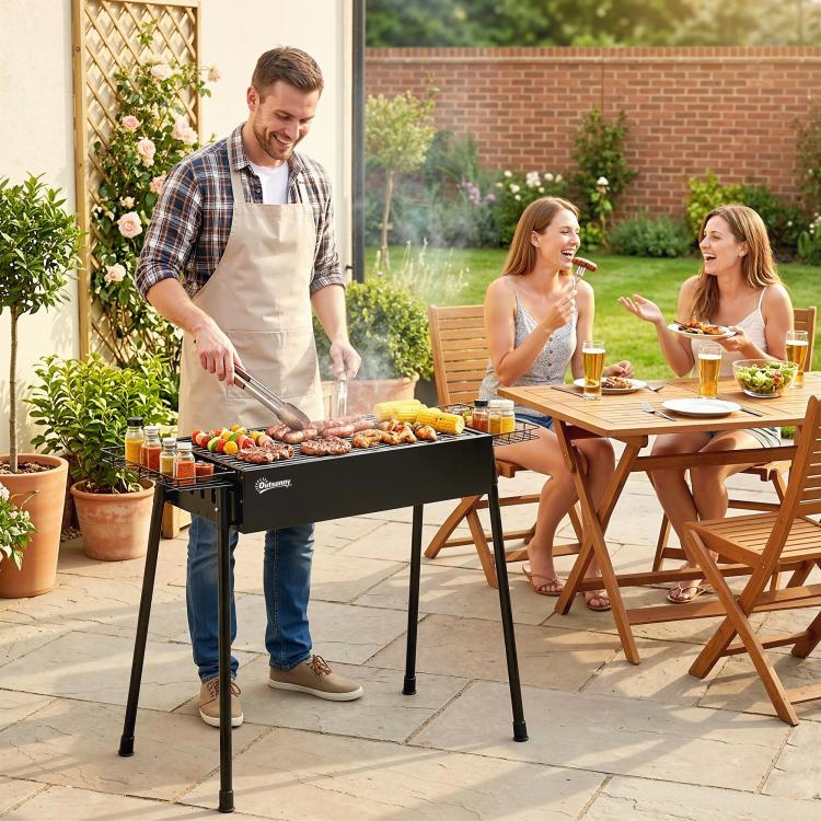 Charcoal BBQ with 2 Stainless Steel Grills, Portable BBQ with 2 Spice Racks for Camping, 94x39x70 cm, Black