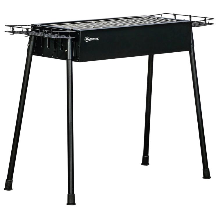 Charcoal BBQ with 2 Stainless Steel Grills, Portable BBQ with 2 Spice Racks for Camping, 94x39x70 cm, Black