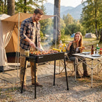 Charcoal BBQ with 2 Stainless Steel Grills, Portable BBQ with 2 Spice Racks for Camping, 94x39x70 cm, Black