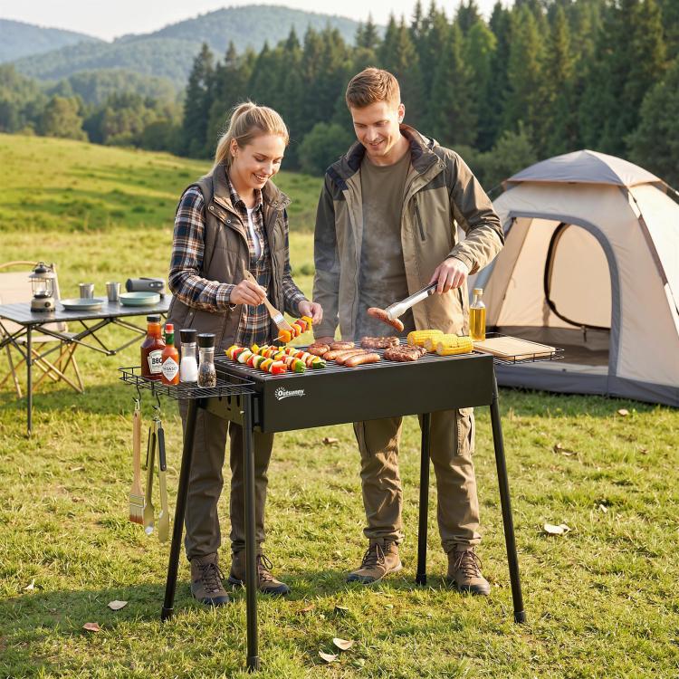 Charcoal BBQ with 2 Stainless Steel Grills, Portable BBQ with 2 Spice Racks for Camping, 94x39x70 cm, Black