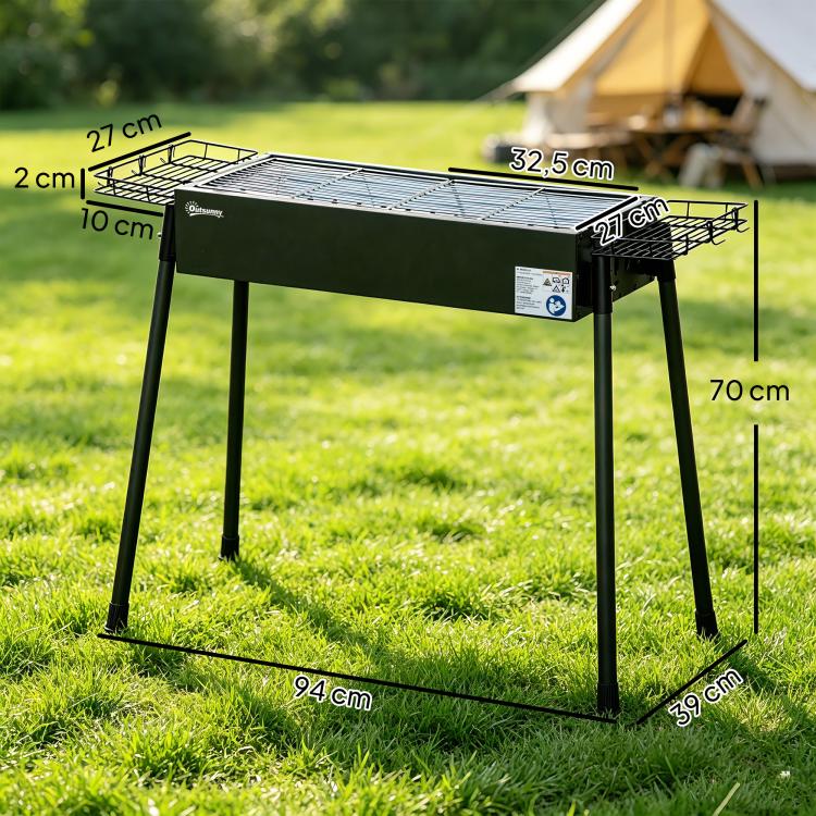 Charcoal BBQ with 2 Stainless Steel Grills, Portable BBQ with 2 Spice Racks for Camping, 94x39x70 cm, Black