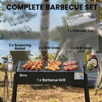 Charcoal BBQ with 2 Stainless Steel Grills, Portable BBQ with 2 Spice Racks for Camping, 94x39x70 cm, Black
