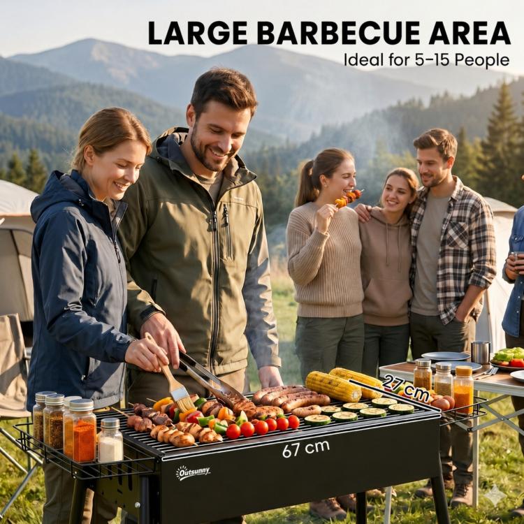 Charcoal BBQ with 2 Stainless Steel Grills, Portable BBQ with 2 Spice Racks for Camping, 94x39x70 cm, Black