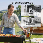 Charcoal BBQ with 2 Stainless Steel Grills, Portable BBQ with 2 Spice Racks for Camping, 94x39x70 cm, Black