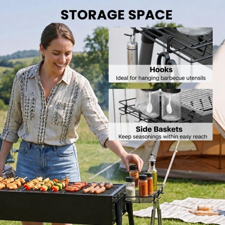 Charcoal BBQ with 2 Stainless Steel Grills, Portable BBQ with 2 Spice Racks for Camping, 94x39x70 cm, Black