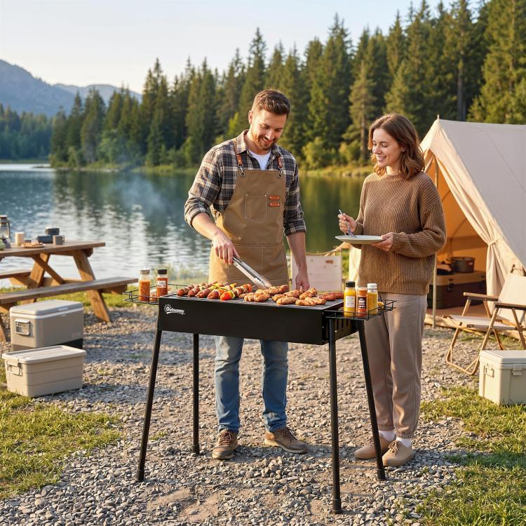 Charcoal BBQ with 2 Stainless Steel Grills, Portable BBQ with 2 Spice Racks for Camping, 94x39x70 cm, Black