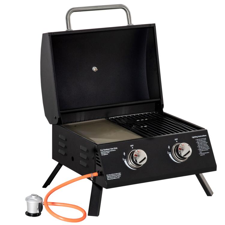 Portable 2-Burner Folding Tabletop Gas Grill with Lid for Camping, Carbon Steel, 55 x 46.5 x 41 cm, Black