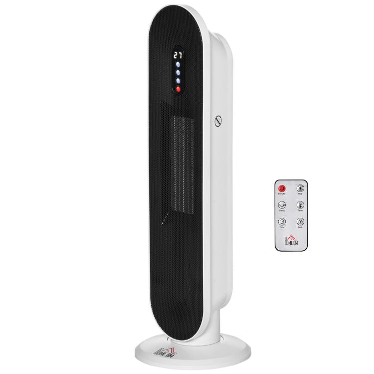 1200W/2000W Ceramic Tower Heater with Remote Control, 24H Timer Thermostat and Anti-Tip System for Rooms up to 20 m2, 21x21x63.5 cm, White and Black