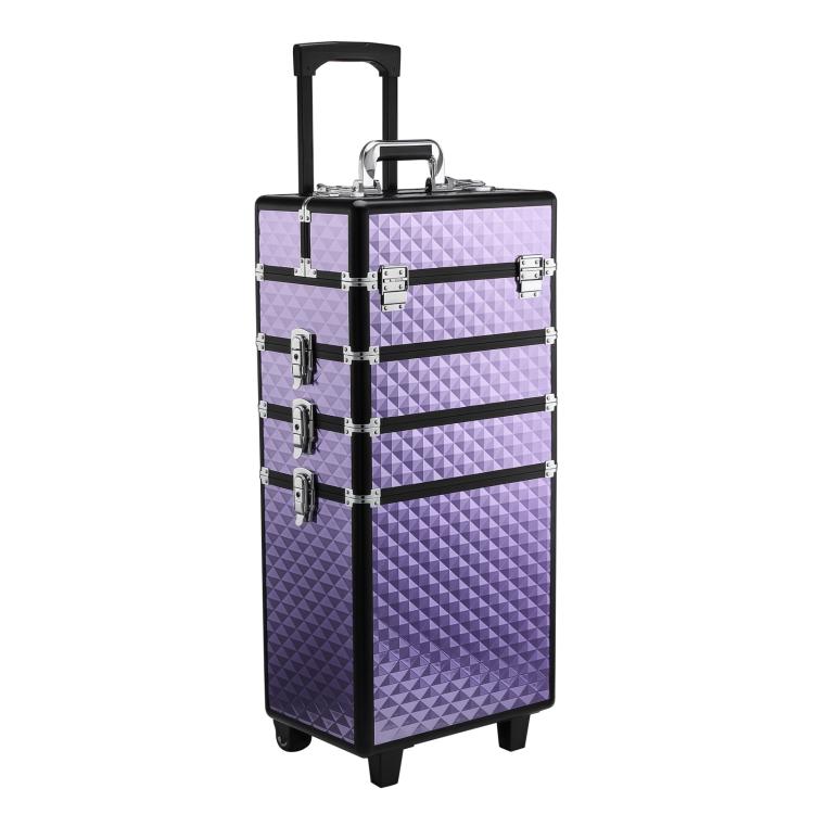 Professional Makeup Trolley Case with Universal Wheels, Multi-Level Design, and Extendable Handle – Aluminum Alloy – 33.5 x 23 x 76/95.5 cm – Violet