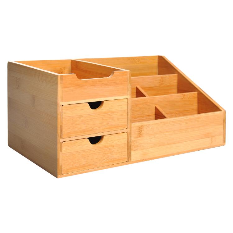 Bamboo Desk Organizer with 2 Drawers, 6 Compartments and Shelf, Desktop Storage Organizer for Office and Home, 33 x 20.5 x 15.5 cm (Natural)