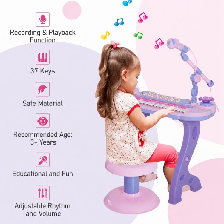 37-Key Kids Piano Keyboard, Electronic Musical Toy with Microphone, Stool, Lights, 22 Songs, USB/MP3 Karaoke, Educational Toy for Kids Ages 3+ (Pink) — view 7