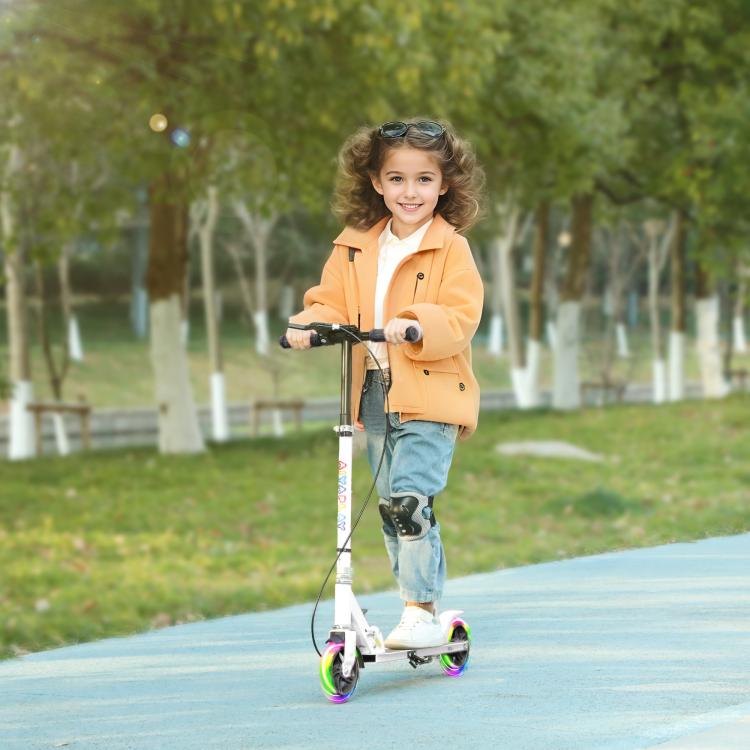 Children Scooter for Ages 3 To 8, Foldable 2-wheel Scooter with Led Light-up Wheels, 4 Height Adjustments, White