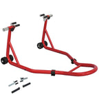 Motorcycle stand, front stand with adjustable pin and swingarm adapters, red
