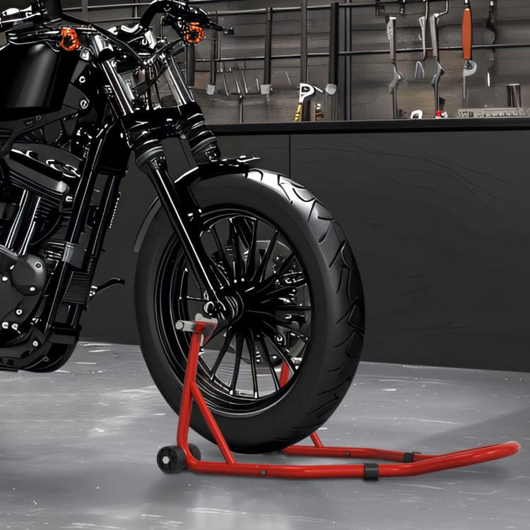 Motorcycle stand, front stand with adjustable pin and swingarm adapters, red
