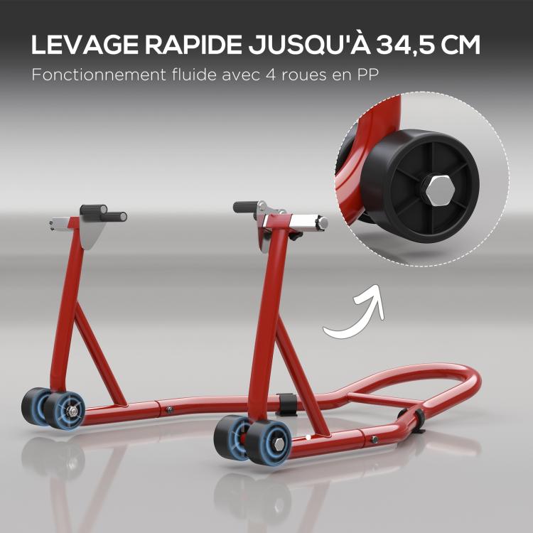 Motorcycle stand, front stand with adjustable pin and swingarm adapters, red
