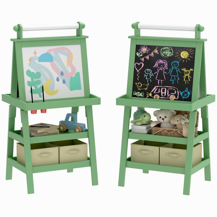 3-in-1 Easel with Magnetic Whiteboard, Chalkboard, Paper Roll, and 2 Storage Baskets, Suitable for Ages 3–6, Green