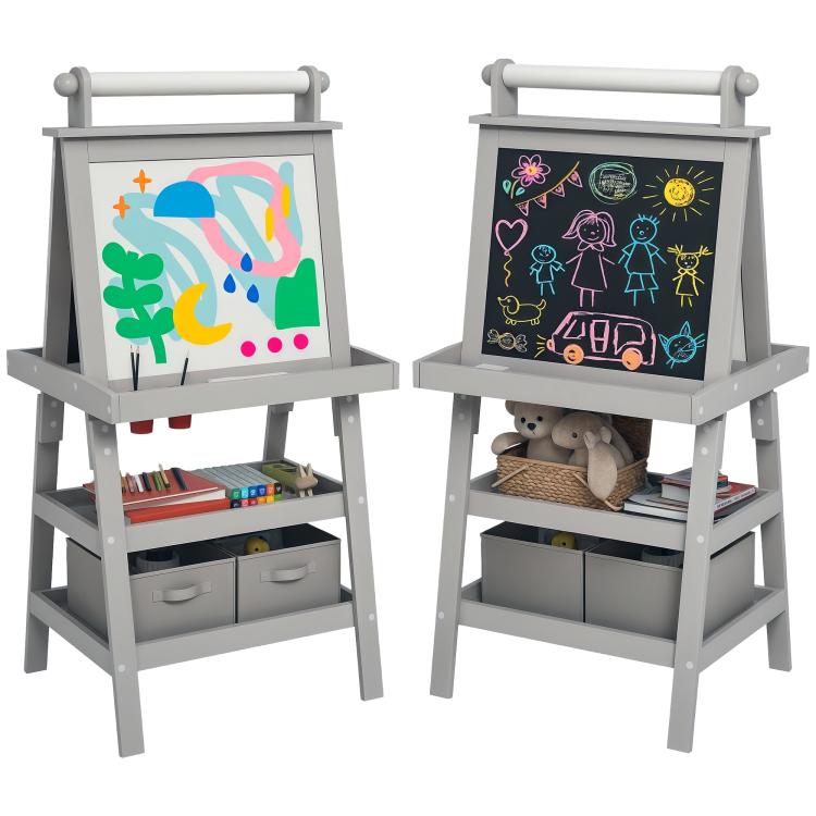3-in-1 Easel with Magnetic Whiteboard, Chalkboard, Paper Roll, and 2 Storage Baskets, Suitable for Ages 3–6, Gray