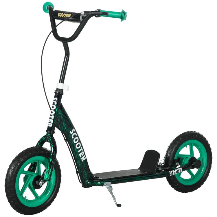 Green kids' scooter with large wheels (ages 6–12), adjustable height, rear brake, and kickstand.