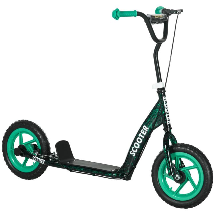 Green kids' scooter with large wheels (ages 6–12), adjustable height, rear brake, and kickstand.