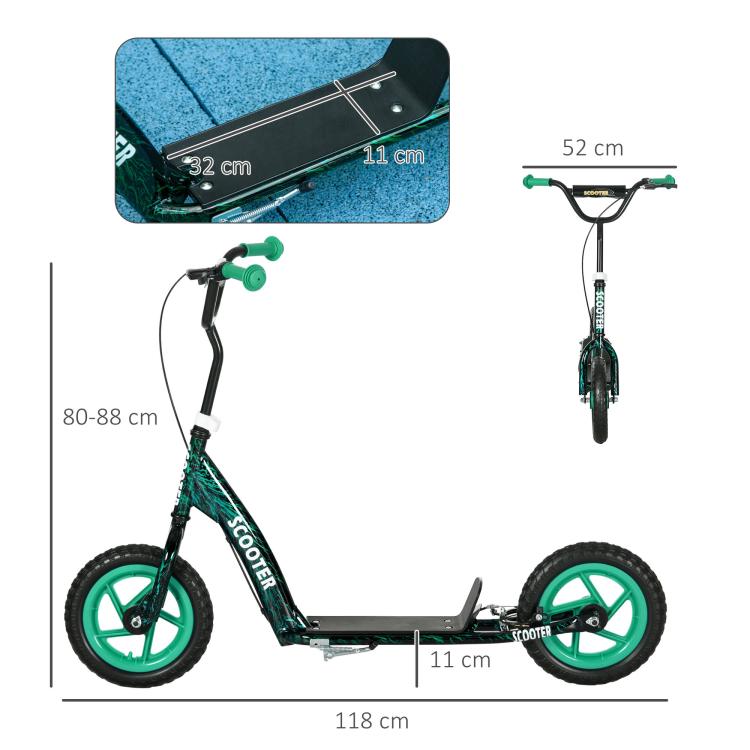 Green kids' scooter with large wheels (ages 6–12), adjustable height, rear brake, and kickstand.