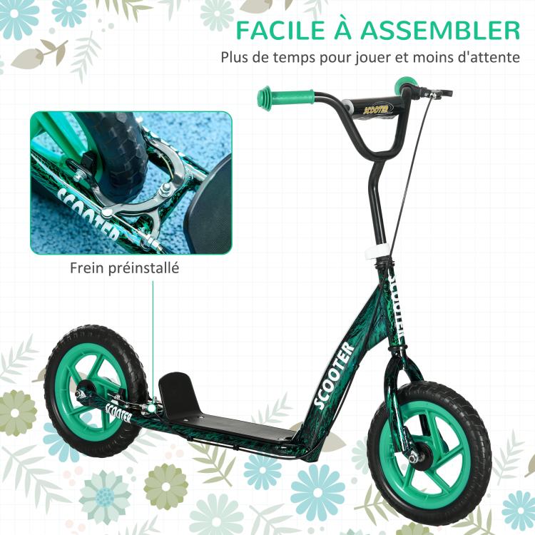Green kids' scooter with large wheels (ages 6–12), adjustable height, rear brake, and kickstand.