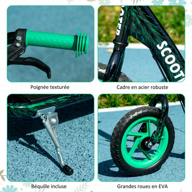 Green kids' scooter with large wheels (ages 6–12), adjustable height, rear brake, and kickstand.