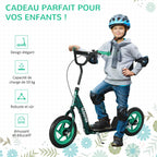 Green kids' scooter with large wheels (ages 6–12), adjustable height, rear brake, and kickstand.