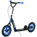 Blue kids' scooter with large wheels (ages 6–12), adjustable height, rear brake, and kickstand.