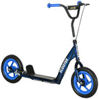 Blue kids' scooter with large wheels (ages 6–12), adjustable height, rear brake, and kickstand.