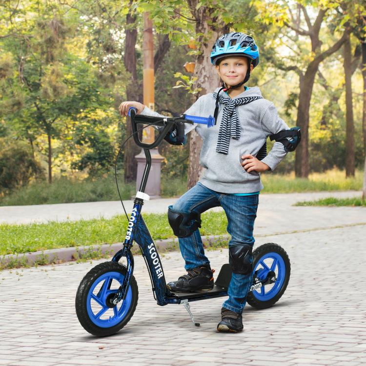 Blue kids' scooter with large wheels (ages 6–12), adjustable height, rear brake, and kickstand.