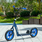 Blue kids' scooter with large wheels (ages 6–12), adjustable height, rear brake, and kickstand.