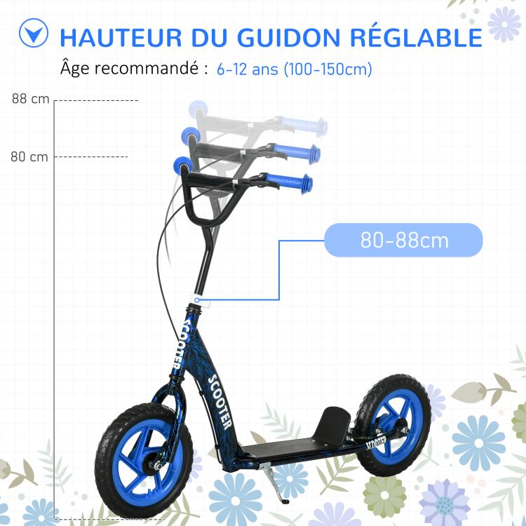 Blue kids' scooter with large wheels (ages 6–12), adjustable height, rear brake, and kickstand.