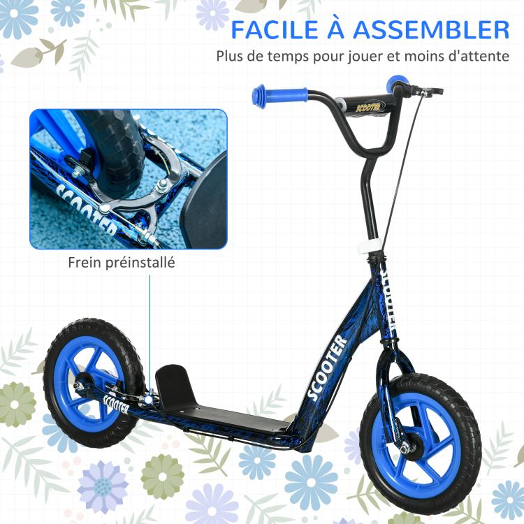 Blue kids' scooter with large wheels (ages 6–12), adjustable height, rear brake, and kickstand.