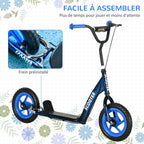 Blue kids' scooter with large wheels (ages 6–12), adjustable height, rear brake, and kickstand.
