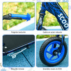 Blue kids' scooter with large wheels (ages 6–12), adjustable height, rear brake, and kickstand.