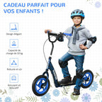 Blue kids' scooter with large wheels (ages 6–12), adjustable height, rear brake, and kickstand.