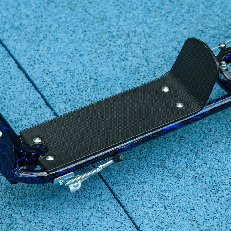 Blue kids' scooter with large wheels (ages 6–12), adjustable height, rear brake, and kickstand.