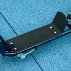 Blue kids' scooter with large wheels (ages 6–12), adjustable height, rear brake, and kickstand.