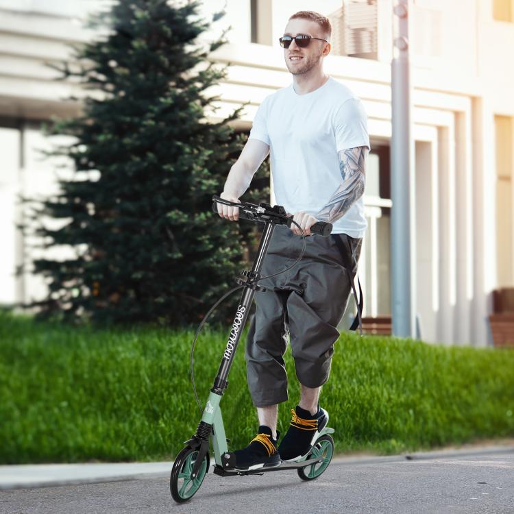 Folding Scooter with Adjustable Handlebars for Adults 14+, 20cm Large Wheels, Shock Absorber, Green