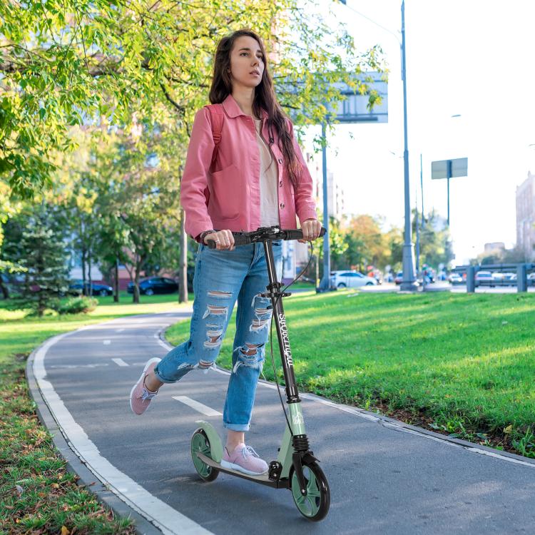 Folding Scooter with Adjustable Handlebars for Adults 14+, 20cm Large Wheels, Shock Absorber, Green