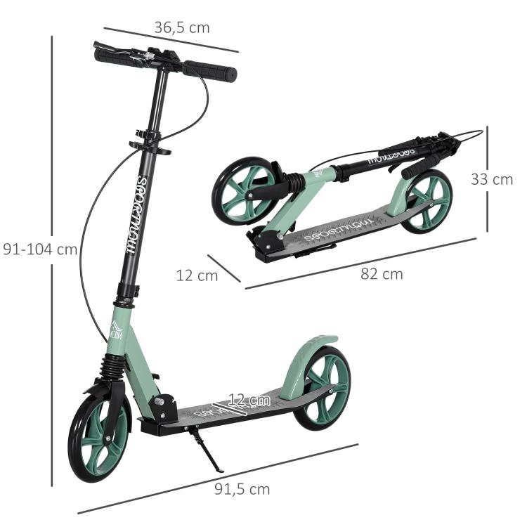 Folding Scooter with Adjustable Handlebars for Adults 14+, 20cm Large Wheels, Shock Absorber, Green