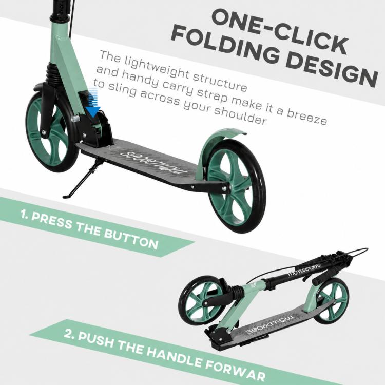 Folding Scooter with Adjustable Handlebars for Adults 14+, 20cm Large Wheels, Shock Absorber, Green