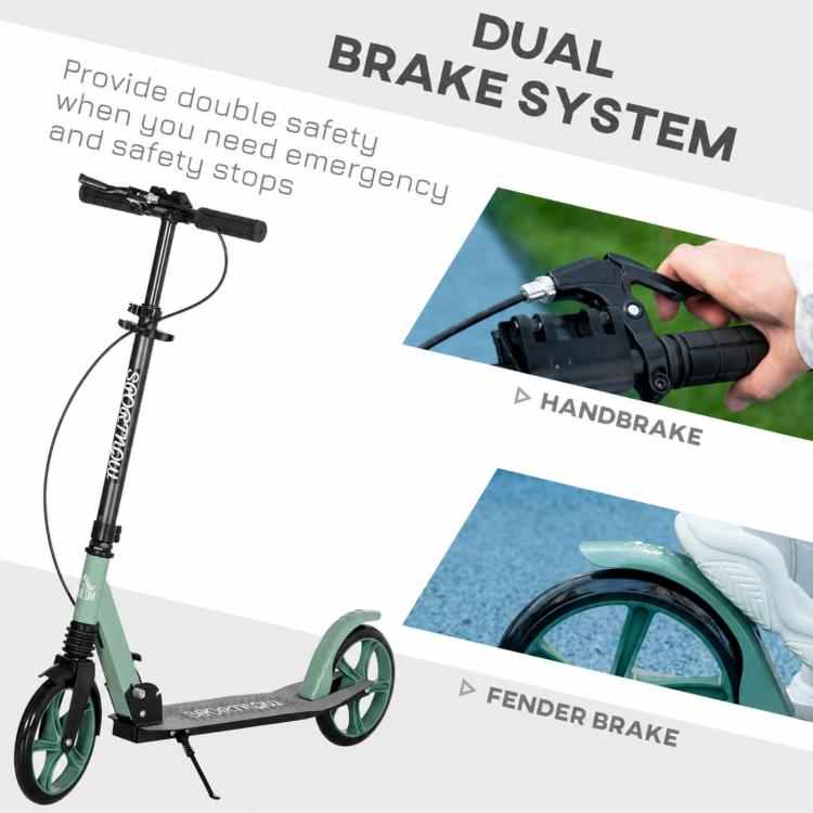 Folding Scooter with Adjustable Handlebars for Adults 14+, 20cm Large Wheels, Shock Absorber, Green