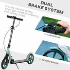 Folding Scooter with Adjustable Handlebars for Adults 14+, 20cm Large Wheels, Shock Absorber, Green